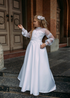 White Satin Lace Pearl Beaded Flower Girl Dress